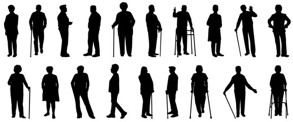 silhouette of senior people or old people or old people. silhouettes with walking sticks. 