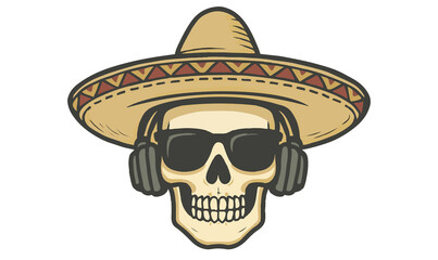 Stylized Skeleton with Sombrero, Sunglasses, and Headphones – Mexican Folk Art Vector, vector, illustration, cartoon, art, face, design, icon, glasses, halloween