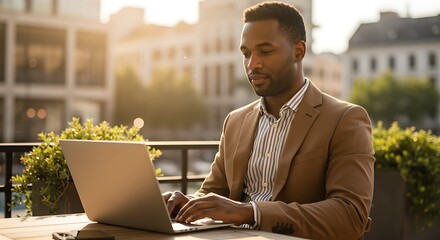 Plakat Successful businessman working on laptop outdoors enjoying the beautiful city sunlight view