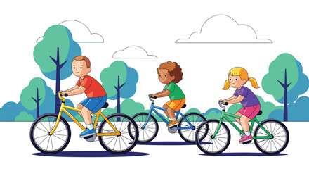 Adobe illustrator artwork vector illustration. Two cheerful boys playing cricket outdoors in a park, with one batting and the other bowling. Ideal for themes of sports, outdoor fun and childhood games