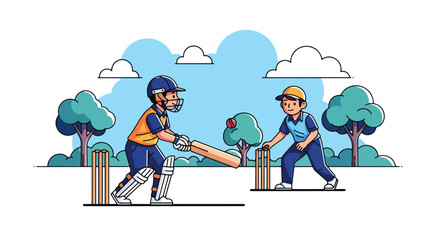 Adobe illustrator artwork vector illustration. Two cheerful boys playing cricket outdoors in a park, with one batting and the other bowling. Ideal for themes of sports, outdoor fun and childhood games