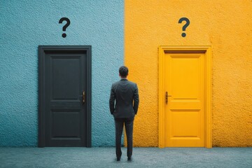 Fototapeta premium Salesman confused by two doors contemplating choices