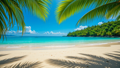 Obraz premium Idyllic tropical beach scene with palm trees, turquoise water, and white sand under a clear blue sky, evoking a sense of tranquility and relaxation.