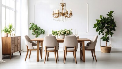 Fototapeta premium Elegant Dining Room with Chandelier, Wooden Table, and Lush Greenery