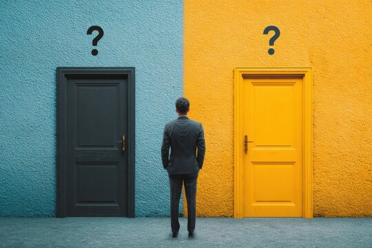 Salesman confused by two doors contemplating choices