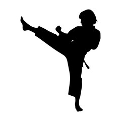 Silhouette of a girl kid executing a karate high kick