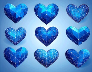 Nine low-poly blue hearts on blue