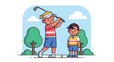 Adobe illustrator artwork vector illustration. Two cheerful children playing golf on a green course, with one girl swinging a club as the boy watches. Great for themes of sportsmanship, and leisure