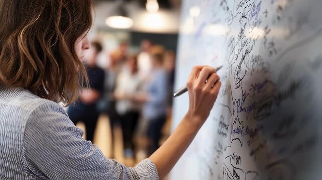 Medium shot of a facilitator erasing and refining causes on a whiteboard fishbone diagram with session attendees blurred behind.