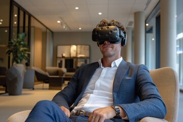Professional businessman experiencing virtual reality with a headset in a modern office, showcasing innovative tech and creativity in a work environment, Generative AI