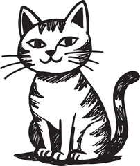 Cat Doodle Black and White Illustration Vector Image Cute Kitten Sketch Line Art Drawing Silhouette