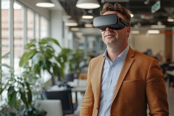 Professional businessman experiencing virtual reality with a headset in a modern office, showcasing innovative tech and creativity in a work environment, Generative AI