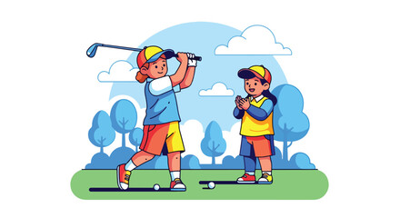 Adobe illustrator artwork vector illustration. Two cheerful children playing golf on a green course, with one girl swinging a club as the boy watches. Great for themes of sportsmanship, and leisure