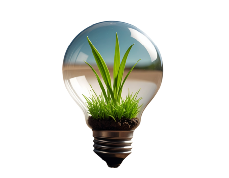  Broken Soil with Green Grass Sprout Growing Inside Lightbulb, Eco Concept Isolated