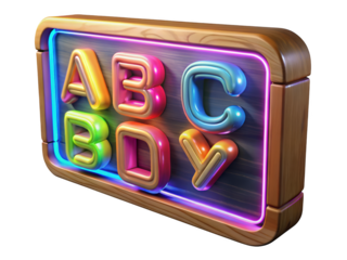 Glossy abc letters on wood board with neon lights 3d illustration isolated on transparent background