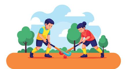 Adobe illustrator artwork vector illustration. Two cheerful children playing field hockey, dribbling the ball with their sticks in an outdoor setting. Perfect for themes of sports, teamwork, healthy