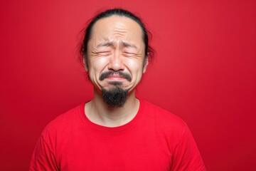 Sobbing Asian man in red shirt