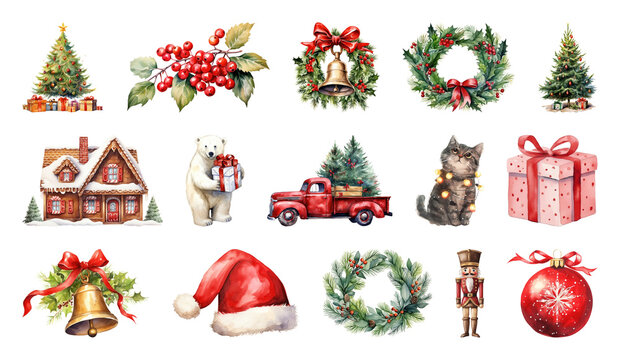 PNG Festive holiday watercolor illustrations, element set on transparent background