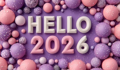 Vibrant purple background with Hello 2026 text surrounded by pink and white balls, playful festive new year celebration concept