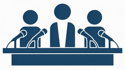 Panel discussion illustration featuring three figures at a table with microphones.