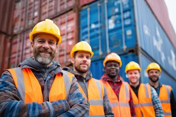 Team of employees in hard hats and reflective gear in front of containers