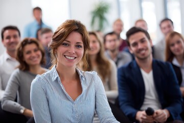Team with business coach at management workshop