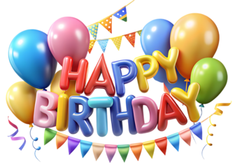 Happy Birthday Text with Colorful Balloons and Party Bunting on Black Background celebration isolated on a transparent background