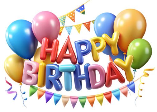 Happy Birthday Text with Colorful Balloons and Party Bunting on Black Background celebration isolated on a transparent background