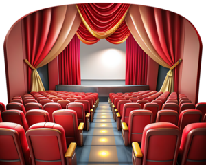 Empty Cinema Auditorium with Red Seats and Stage Curtains movie theater isolated on a transparent background