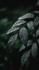Close-up view of dark, rain-kissed leaves, showcasing intricate details and glistening water droplets in a moody, deep green and black color scheme.