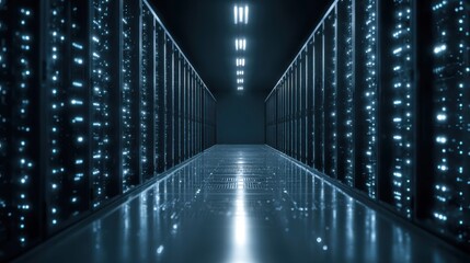 Server room hallway with data processing and storage