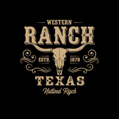 Vintage Western Ranch logo featuring a bull skull, text, and decorative flourishes on black background.