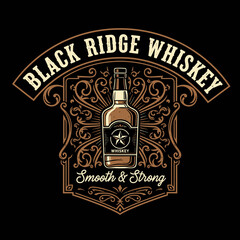 Vintage whiskey label design featuring a bottle, ornate frame, and 