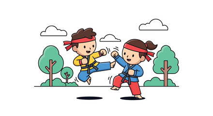 Adobe illustrator artwork vector illustration. Two cheerful girls practicing martial arts outdoors, demonstrating kicks and blocks in a park setting. Perfect for themes of self-defense, discipline