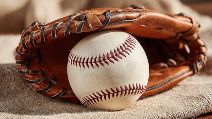 Close up view of a vintage baseball resting in a worn leather glove, set against a rustic burlap background.