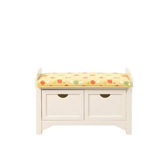 White wooden bench with storage drawers and colorful patterned cushion