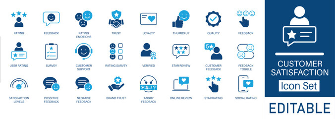 customer satisfaction icon set. Includes feedback, reviews, ratings, trust, survey, emotions, and support symbols. Solid vector icons for customer experience, apps, websites, and business projects.