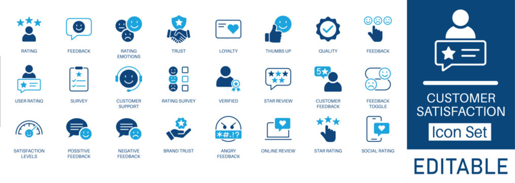 customer satisfaction icon set. Includes feedback, reviews, ratings, trust, survey, emotions, and support symbols. Solid vector icons for customer experience, apps, websites, and business projects.