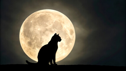 Silhouette of a Cat against a Magnificent Full Moon in a Night Sky