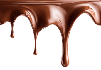 Liquid chocolate dripping down in smooth streams isolated on transparent background