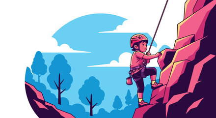 Adobe illustrator artwork vector illustration. A determined child rock climbing outdoors, wearing safety gear and ascending a rugged cliff face. Ideal for themes of adventure, challenge, and courage