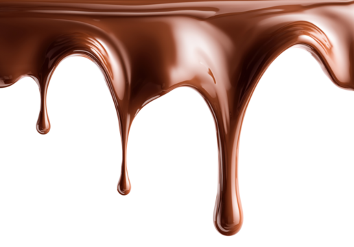 Liquid chocolate dripping down in smooth streams isolated on transparent background