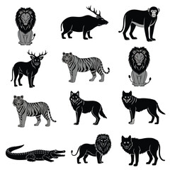 Naklejka premium Monochrome graphic icon set of various wild jungle and forest animals