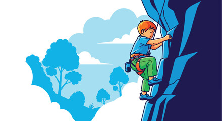 Adobe illustrator artwork vector illustration. A determined child rock climbing outdoors, wearing safety gear and ascending a rugged cliff face. Ideal for themes of adventure, challenge, and courage