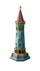 Stylized Tower Illustration Turquoise Red and Gold Architecture