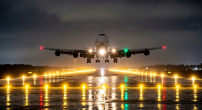 Majestic jumbo jet lands on rain-slicked runway under dramatic night lights, inspiring awe.