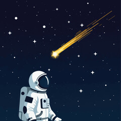 Astronaut Observing a Bright Comet Streaking Across the Starry Night Sky