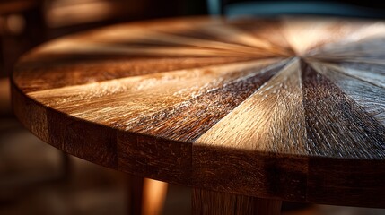 Round wooden table top design with sunburst pattern furniture decor detail
