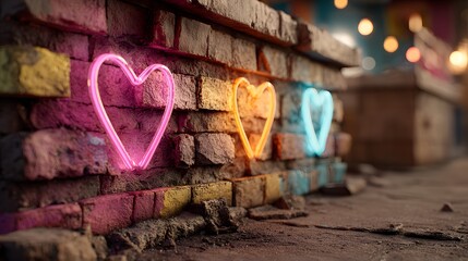 Neon heart lights on brick wall background romantic love and valentine's day