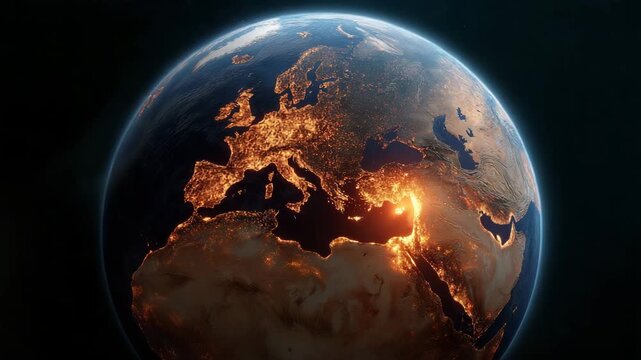 A planet with a fire on it. The planet is in the sky. Earth with glowing heat spot over Turkey area and flame overlay, Turkey wildfires dramatic conceptual muted